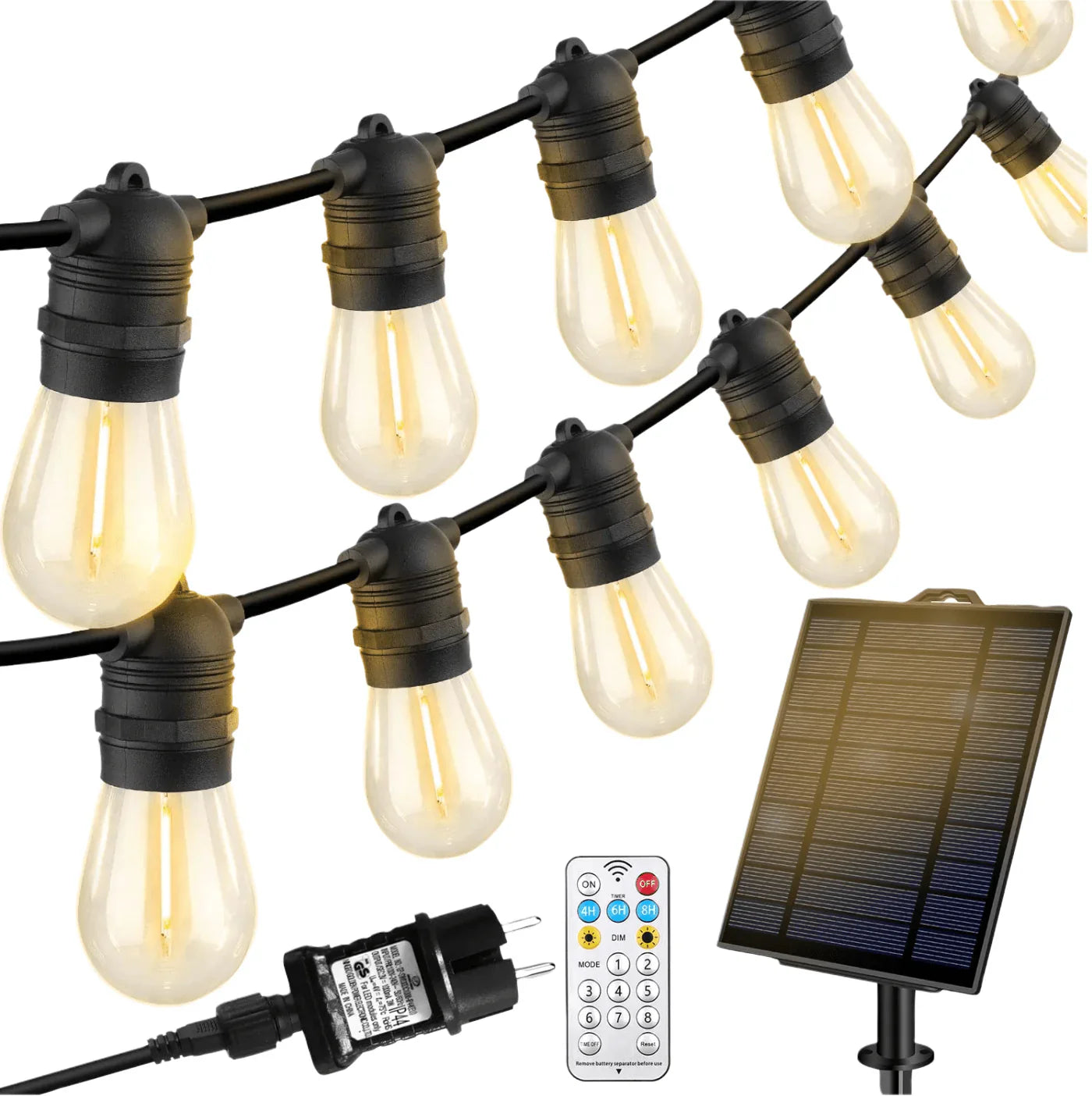 Ghirlanda solara 25 metri, cu 25 becuri LED Filament incluse, 3000K, IP65, Alb Cald