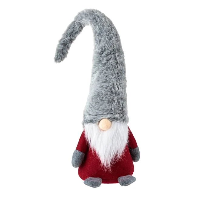 Figurina Decorativa Mos Craciun Gnome Rosu Caciula Gri Blana Artificiala 47cm