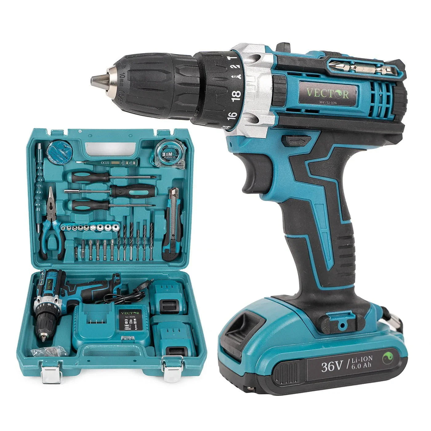 Trusa Bormasina 36V, mandrina metalica, cu 2 acumulatori si incarcator + Adaptor drujba pentru bormasina + CADOU