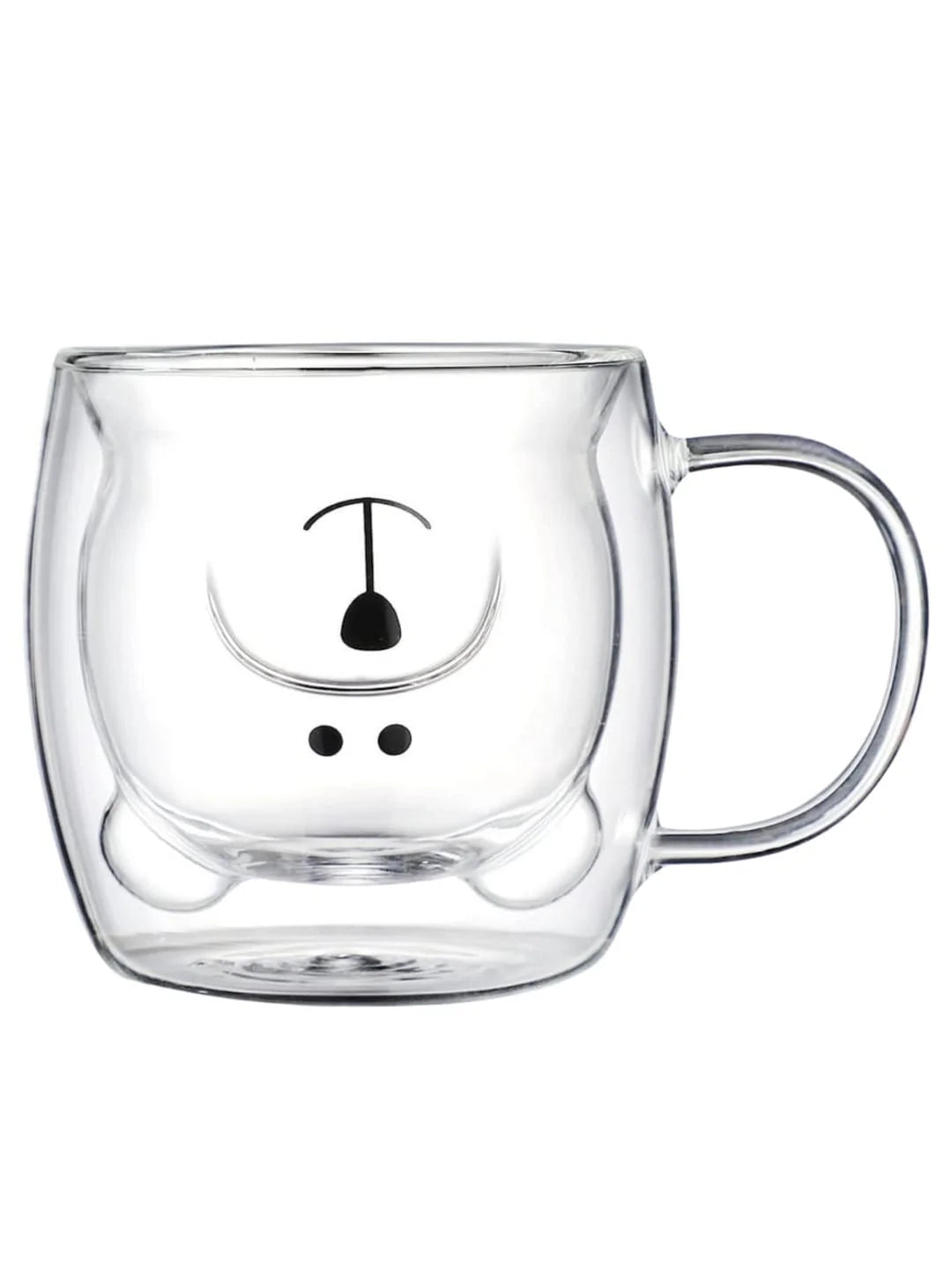 Set 2 x Cana in forma de ursulet din sticla termorezistenta, pereti dubli, pentru ceai si cafea, 260ml, Transparenta