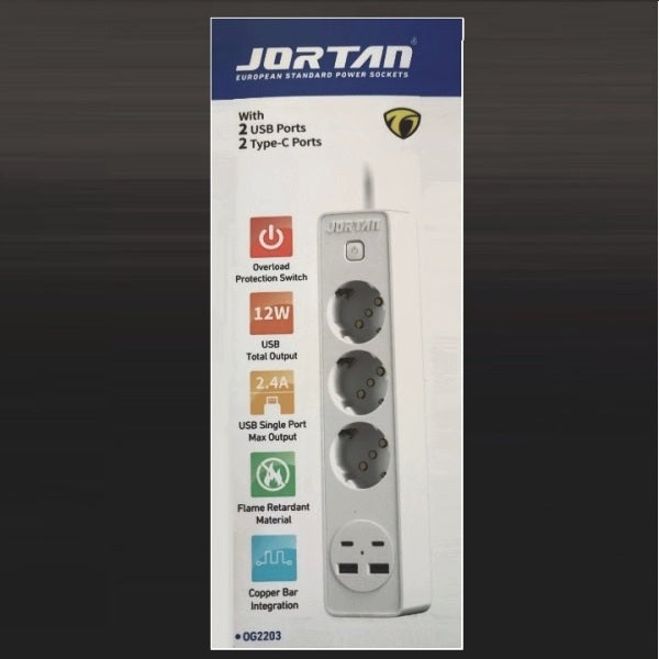 Set 2 x Prelungitor Jortan: 3 prize, 2 port-uri USB, 2 port-uri USB-C