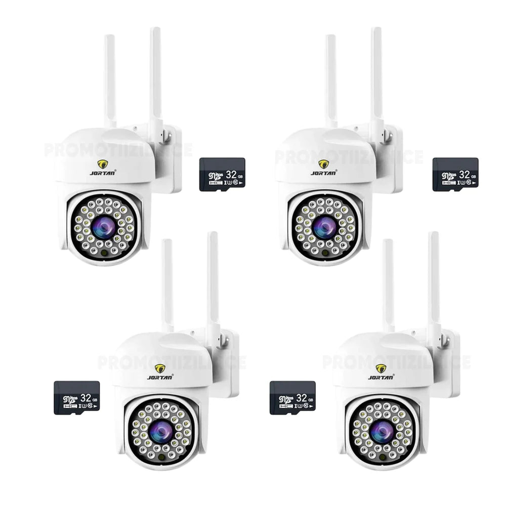 Set 4 Camere Supraveghere WIFI Jortan + 4 Carduri 32GB, 360° Rotire, Detectie Umana, Vedere Noapte Color, Sirena, IP66