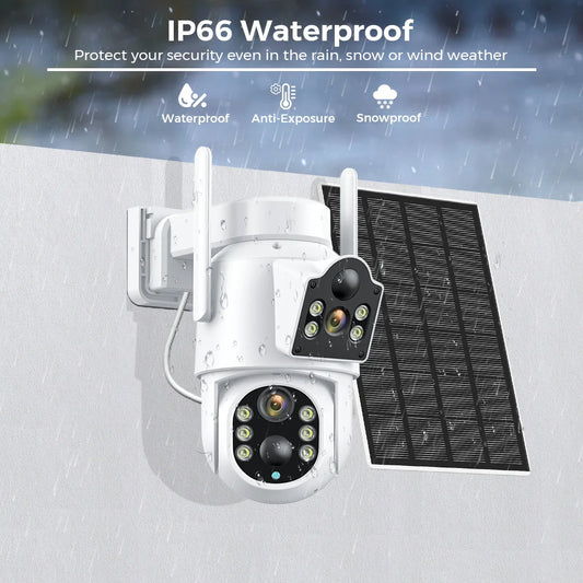 Camera de supraveghere solara exterior Jortan, 4K, duala, WIFI, viziune nocturna color, rezistenta la apa
