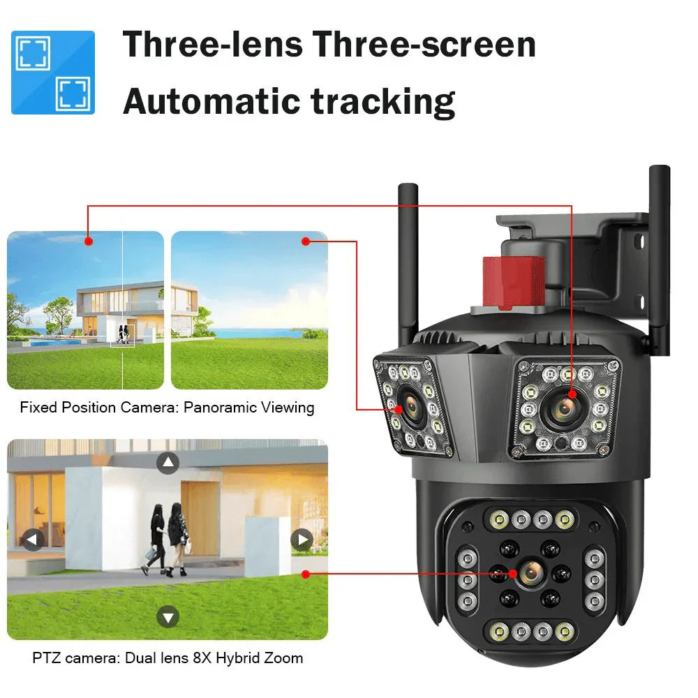 SET 2X Camere Triple Wi-Fi 6K 12MP, Audio bidirectional, AI Motion Detection, Night Vision, PTZ 355°/90°, IP66 + 2 carduri 32GB Incluse