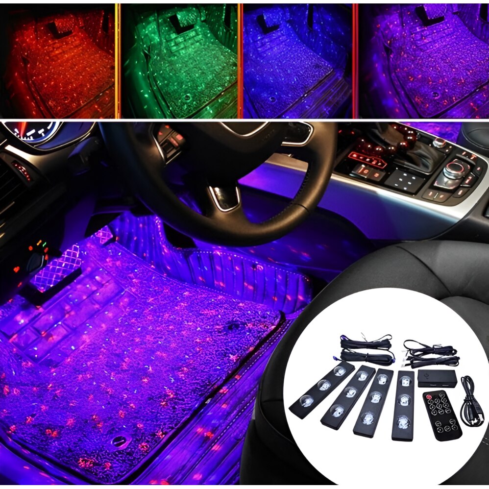Set 4 Lumini Ambientale Auto LED RGB, Senzor de Muzica, Telecomanda Inclusa