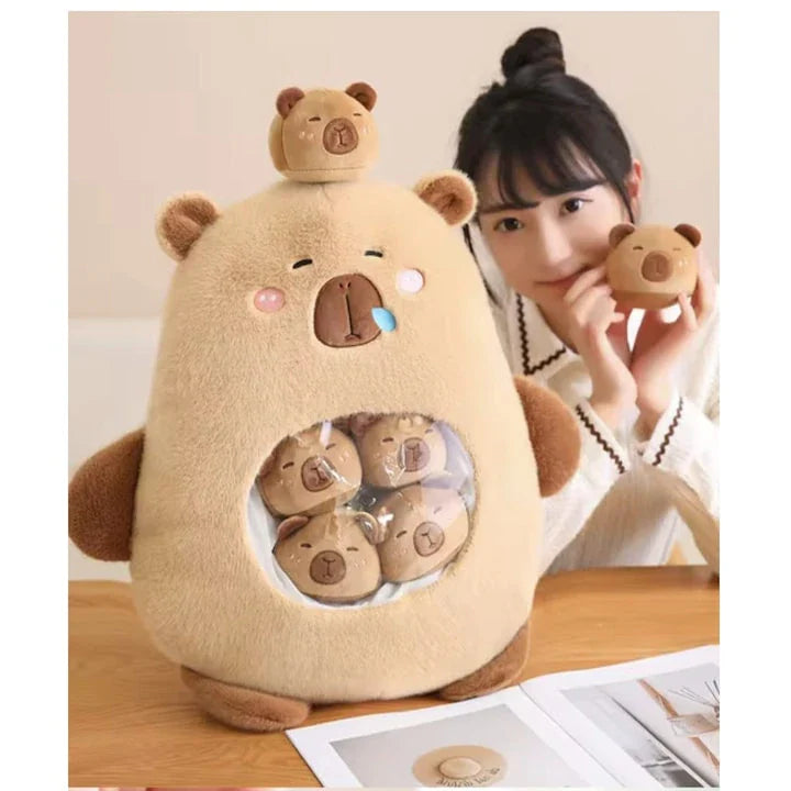 Set Jucarii de plus Capibara cu 6 pui, Maro, 50 cm