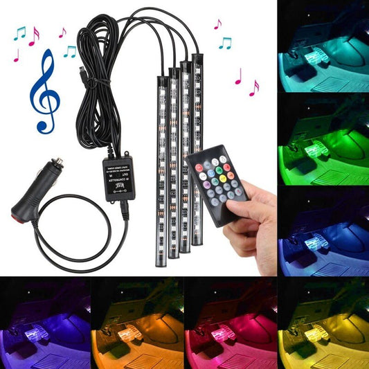 Lumina ambientala pentru interior auto, telecomanda, 4 benzi cu 18 LED RGB cu senzor sunet