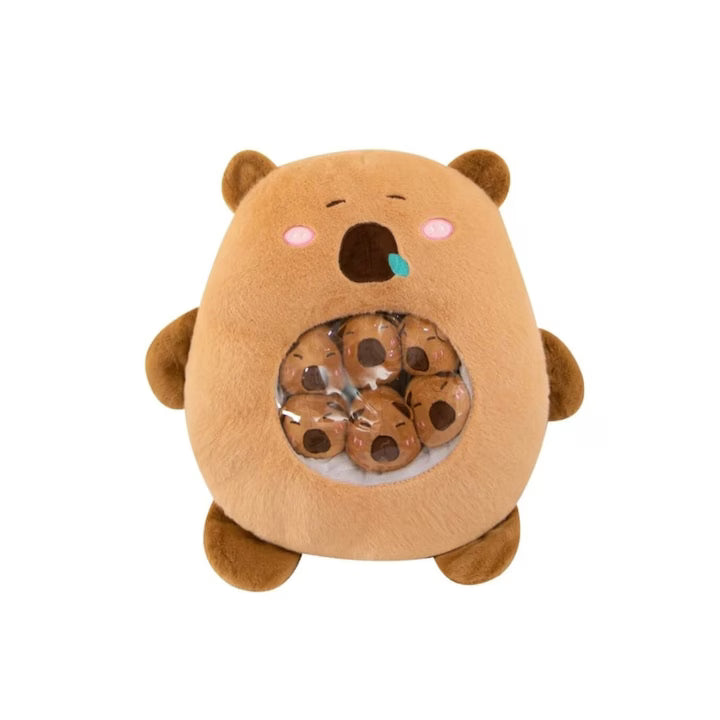 Set Jucarii de plus Capibara cu 6 pui, Maro, 50 cm