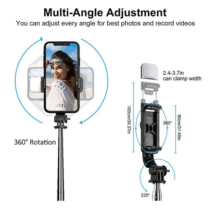 Selfie stick Bluetooth, trepied stabil cu LED UIQ Q02S, 105 cm, Negru