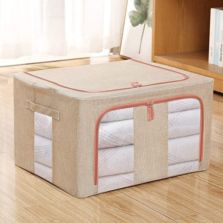 Cutie de depozitare pliabila, cu fermoar, 66 L, Textil, 50x40x33 cm, Crem, Cu doua ferestre