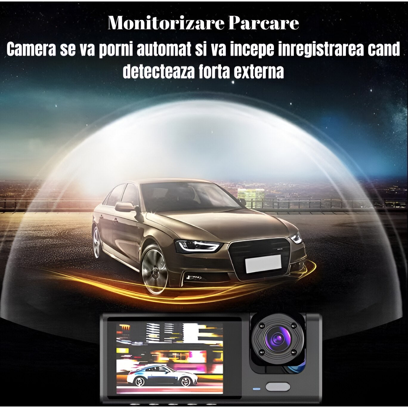 Camera auto DVR, vizualizare 170°, 3 camere, ecran 2", vizualizare nocturna, full HD 1080 P, detectare miscare