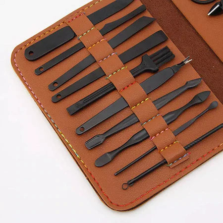 Set 2 x Trusa manichiura/pedichiura 16 piese, geanta pentru depozitare, Negru mat, Otel inoxidabil