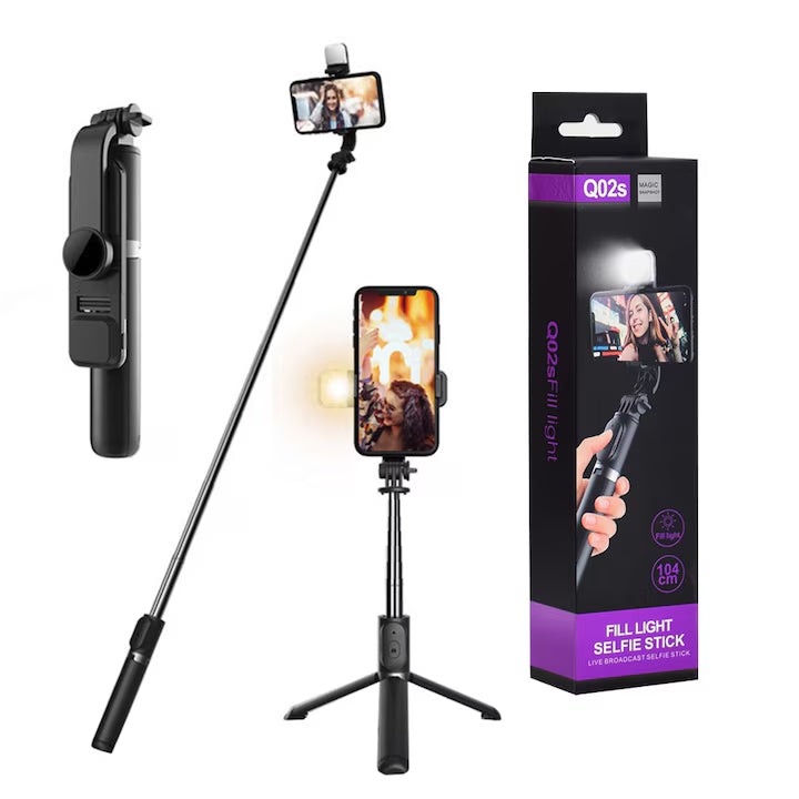 Selfie stick Bluetooth, trepied stabil cu LED UIQ Q02S, 105 cm, Negru