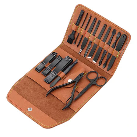 Set 2 x Trusa manichiura/pedichiura 16 piese, geanta pentru depozitare, Negru mat, Otel inoxidabil