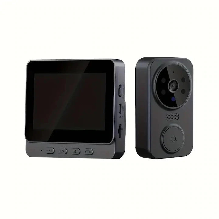 Sonerie video inteligenta neagra eleganta cu ecran de inalta definitie de 4, 3 inchi - usor de instalat, audio bidirectional, viziune nocturna infrarosie, baterie reincarcabila de lunga durata