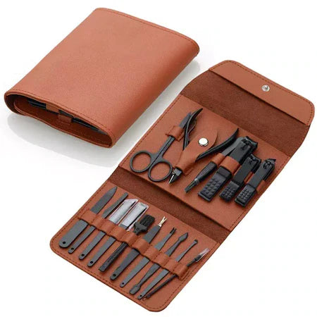 Set 2 x Trusa manichiura/pedichiura 16 piese, geanta pentru depozitare, Negru mat, Otel inoxidabil