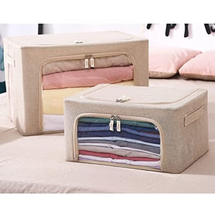 Cutie de depozitare pliabila, cu fermoar, 66 L, Textil, 50x40x33 cm, Crem, Cu doua ferestre