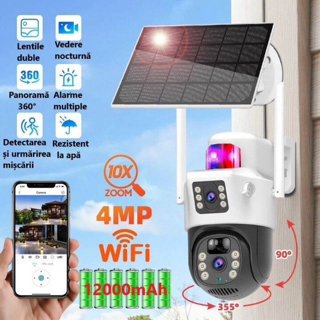 Camera De Supraveghere Smart, Cu Slot Cartela SIM si Incarcare Solara, 2 Zone de Filmare, Senzor De Detectie Miscare, Functie Night Vision