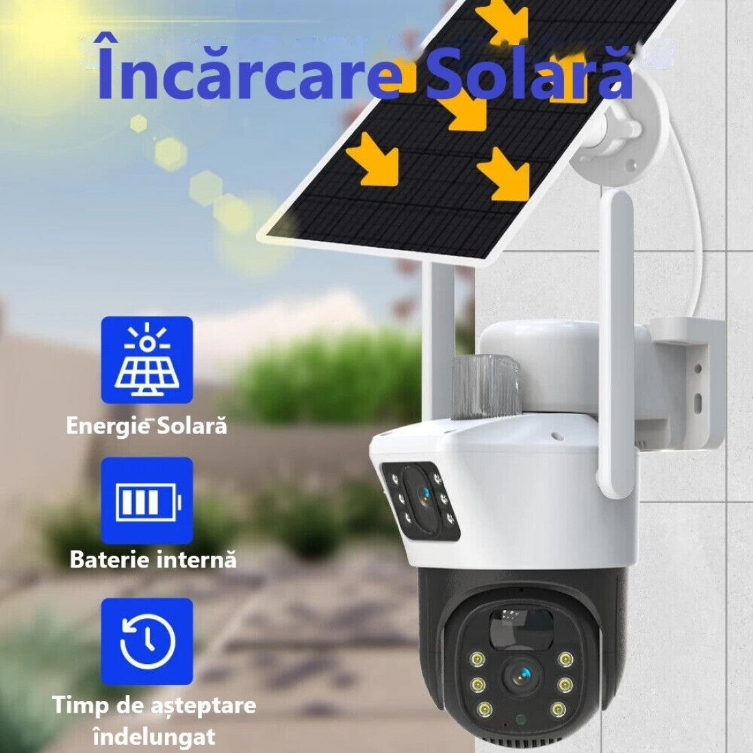 Camera De Supraveghere Smart, Cu Slot Cartela SIM si Incarcare Solara, 2 Zone de Filmare, Senzor De Detectie Miscare, Functie Night Vision