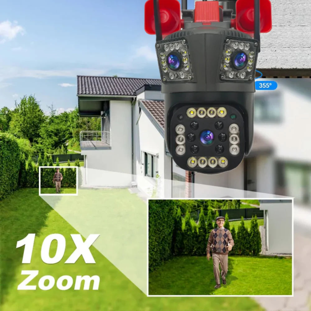 Camera de Supraveghere Tripla WIFI, 4G, 4K cu alarma,Sirene, Urmarire automata miscare