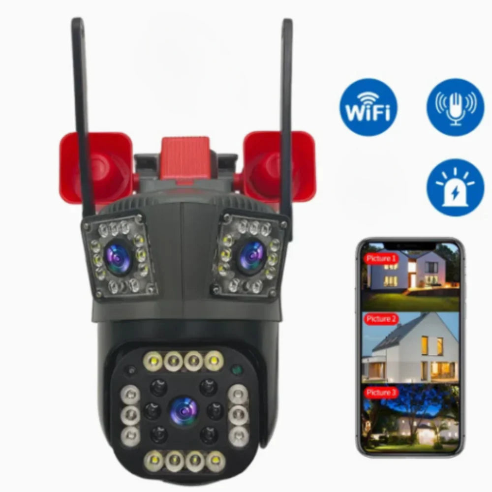 Camera de Supraveghere Tripla WIFI, 4G, 4K cu alarma,Sirene, Urmarire automata miscare