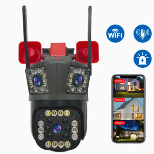 Camera de Supraveghere Tripla WIFI, 4G, 4K cu alarma,Sirene, Urmarire automata miscare