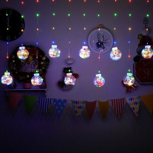 Set 2 x Instalatie tip perdea luminoasa, cu 10 globuri cu Mos Craciun