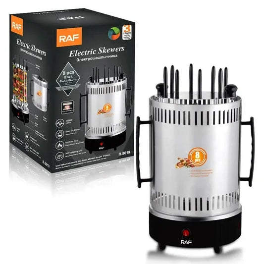 Gratar Electric Vertical RAF-8619, Fara Fum, 1200W, 8 Frigaruie Rotative din Otel