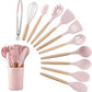 Set 13 ustensile de gatit din silicon, maner rezistent din bambus