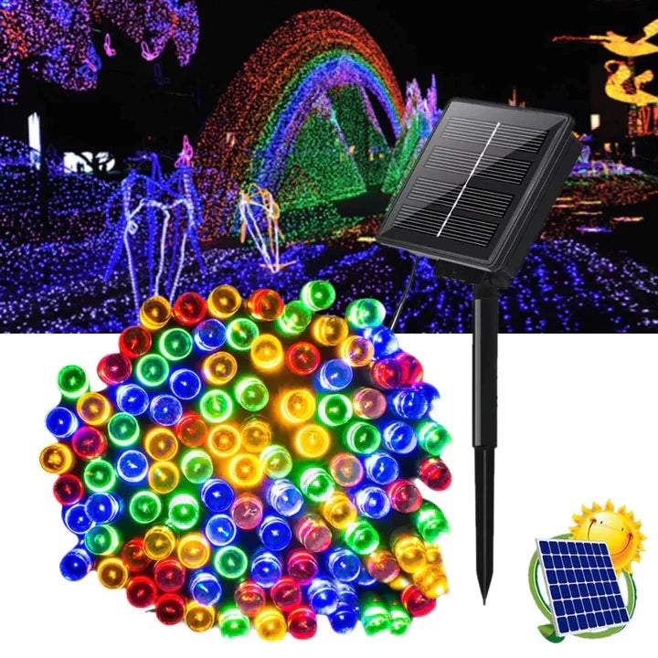 Promotie! 2+1 CADOU Instalatie 100 LED pentru exterior cu incarcare solara, Multicolor